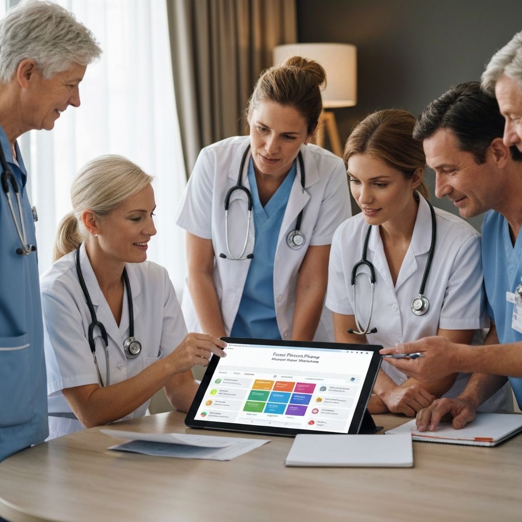 Pflegeteam bei der digitalen Planung mit Tablet