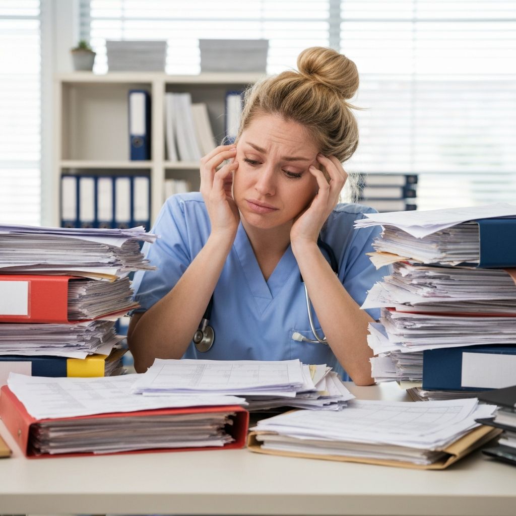 Überlastete Pflegekraft mit Papierkram am Schreibtisch